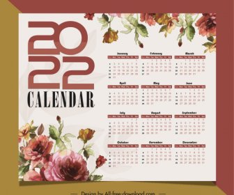 Template Kalender 2022 Dekorasi Bunga Klasik Yang Elegan