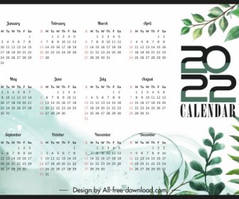 2022 Calendar Template Elegant Leaves Decor