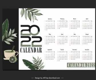 2022 Calendar Template Elegant Leaves Tea Sketch