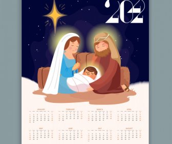 2022 Calendar Template Jesus Christ Newborn Cartoon Characters