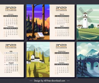 2022 Calendar Templates Scenery Sketch Colorful Classic Design