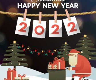 2022 Neujahr Banner Bunte Flache Weihnachtselemente