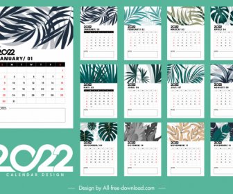 2022 Tabla Calendario Plantilla Elegantes Hojas Brillantes Decoración
