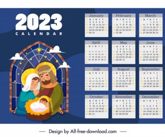 เทมเพลตปฏิทิน 2023 ภาพร่างตัวการ์ตูนทารกแรกเกิดของพระเยซูคริสต์