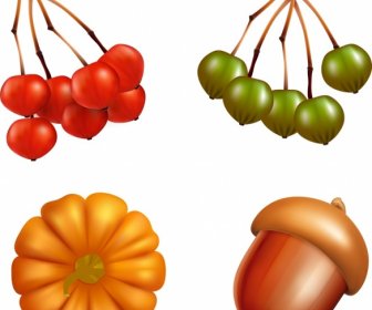 3d Fruits Icons Sets Chestnut Pumpkin Cherries Icons