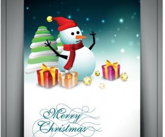 3d Snowman With Gift Merry Christmas Brochure Title Page Design Vector