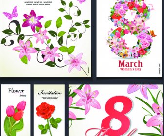8 Mart çiçek Davetiye Kartları Vektörel çizimler Ayarla