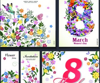 8 March Flower Invitation Cards Vectors Set