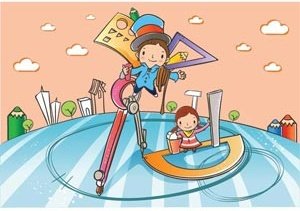 A School Boy Making A Sketch With Pencil And Compass A Cute Baby Guiding Them Vector Children Illustration