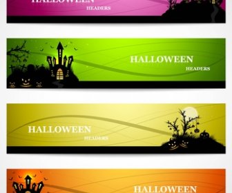 Resumen Encabezados Coloridos Brillantes Conjunto De Cuatro Vectores De Diseño De Halloween