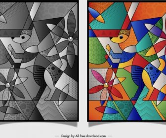 Abstract Painting Dog Flower Icons Colorful Geometric Design