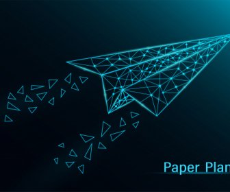 pesawat kertas abstrak neon gelap pada latar belakang biru ilustrasi vektor