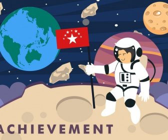 Achievement Background Planet Astronaut Icons Colored Cartoon