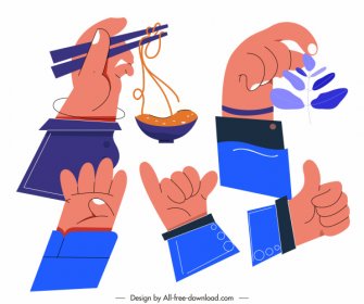 Action Hands Icons Colored Flat Handdrawn Sketch