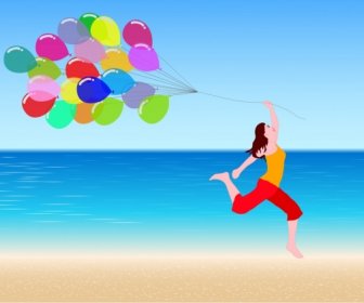 Gadis Yang Aktif Ikon Gembira Dengan Balon Warna-warni Hiasan