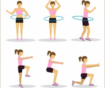 Active Human Icons Girl Doing Exercise Various Postures