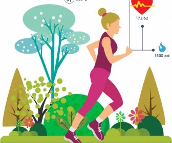 Active Woman Icon Exercise Activity Colorful Trees Backdrop