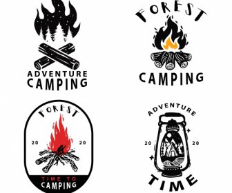 Aventura Camping Logotipo Plantillas Clásico Luz De Leña Boceto