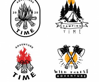 Abenteuer Camping Logos Klassische Handgezeichnete Embleme Skizze
