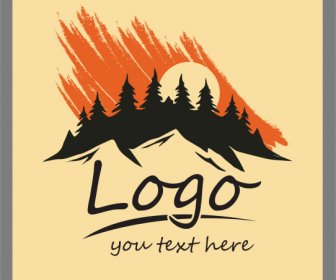 Template Logo Petualangan Grunge Siluet Sketsa Pohon Gunung