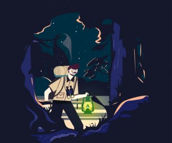 冒険絵画探検家夜のジャングルシーンスケッチ
