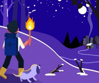 Adventure Painting Hiker Torch Icons Cartoon Design