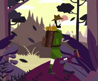 冒险绘画男性徒步旅行者森林山图标