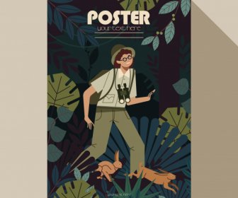 приключенческий плакат исследователь человек лесные кролики иконки