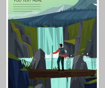 Avventura Poster Escursionista A Cascata Schizzo Cartone Animato Disegno