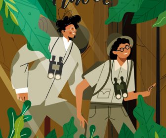 Aventura Viaje Banner Explorador Bosque Bosque Boceto Diseño De Dibujos Animados