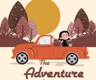 Adventure Trip Background Girl Car Icon Colored Cartoon