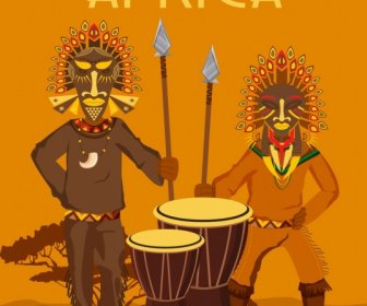 Afrika Iklan Banner Suku Orang Topeng Ikon Dekorasi