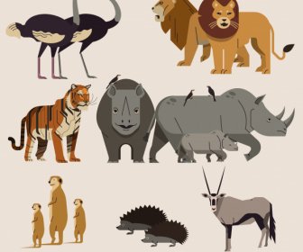 Africa Animals Icons Colored Classical Sketch