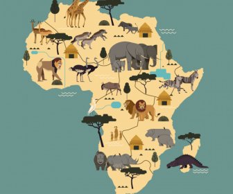 ร่างแผนที่แอฟริกาพื้นหลังสัตว์องค์ประกอบ