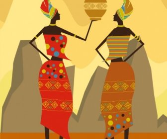 Afrika Arka Plan Kabile Kadın Vazo Simgeleri Tasarım Sarı