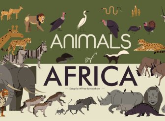 áfrica Banner Animais Selvagens Espécies Esboço Clássico Colorido