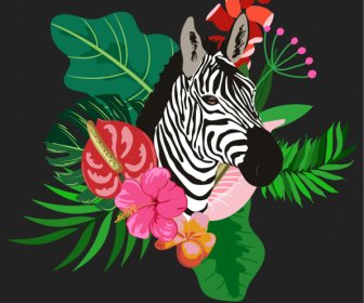 Africa Decor Template Zebra Flowers Leaves Sketch