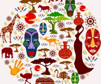 Elementi Di Disegno Africa Vari Simboli Colorati Piatti