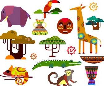 Afrika-Symbole Illustration Mit Flachen Tiere Und Bäume