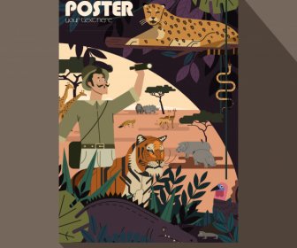 Африка плакат шаблон исследователь диких животных иконки эскиз