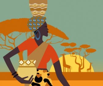 Африка туризма баннер племен женщина земли животного значки