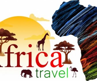 非洲旅遊廣告地圖陸地剪影動物圖標