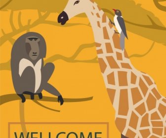 Африка баннера приветствия Обезьяна Жираф птиц иконы орнамент