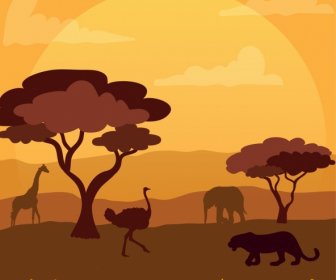 アフリカ バナー漫画シルエット スタイルの動物アイコンを歓迎