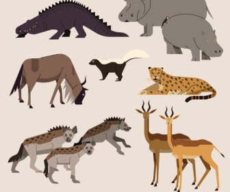 아프리카 야생 동물 아이콘 컬러 클래식 스케치
