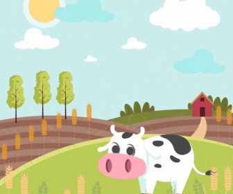 Agricultural Farm Drawing Cow Field Icons Colored Cartoon