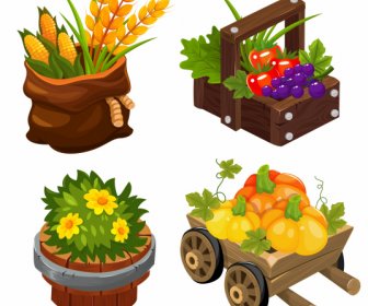 Prodotti Agricoli Icone Colorato Classico Schizzo 3D