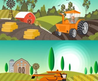 Agriculture Background Sets Machines Field Icons Colored Cartoon