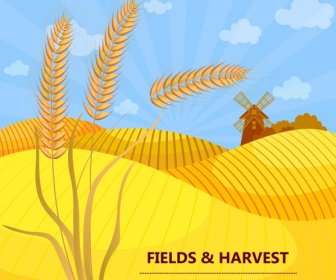 Agriculture Banner Barley Windmill Yellow Field Icons