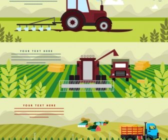 Agricultura Banner Conjuntos Máquina Auto Cultivo Iconos